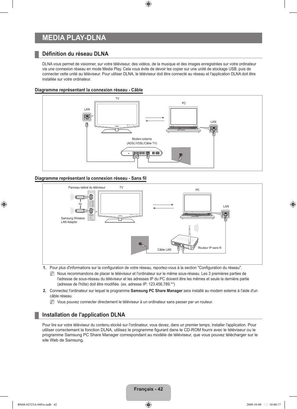 Media play-dlna, Définition du réseau dlna, Installation de l'application dlna | Samsung LE40B650T2W User Manual | Page 130 / 674