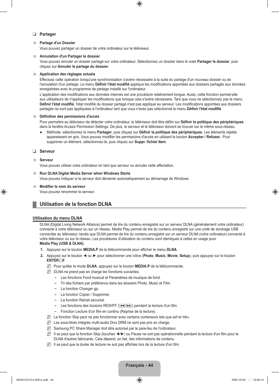 Utilisation de la fonction dlna | Samsung LE40B650T2W User Manual | Page 132 / 674