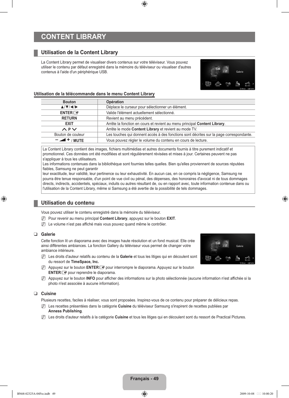 Content library, Utilisation de la content library, Utilisation du contenu | Samsung LE40B650T2W User Manual | Page 137 / 674