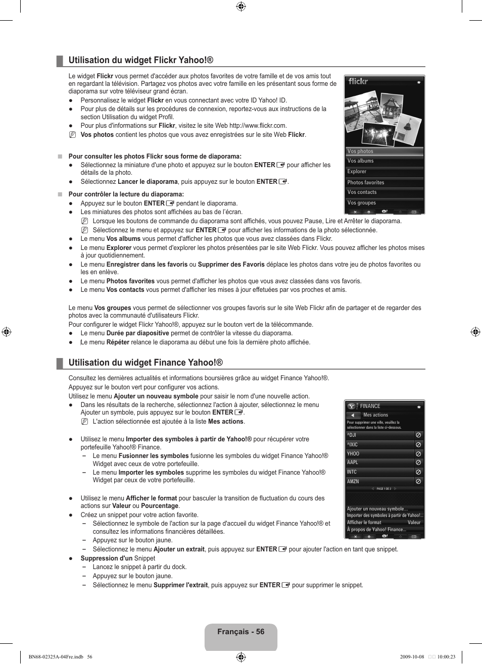 Utilisation du widget flickr yahoo, Utilisation du widget finance yahoo | Samsung LE40B650T2W User Manual | Page 144 / 674