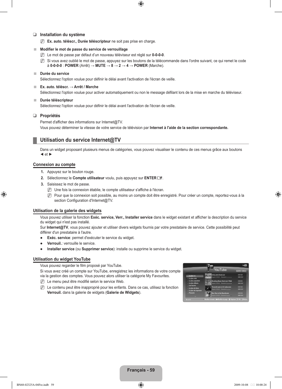 Utilisation du service internet@tv, Français - 59 installation du système, Propriétés | Connexion au compte, Utilisation de la galerie des widgets, Utilisation du widget youtube | Samsung LE40B650T2W User Manual | Page 147 / 674