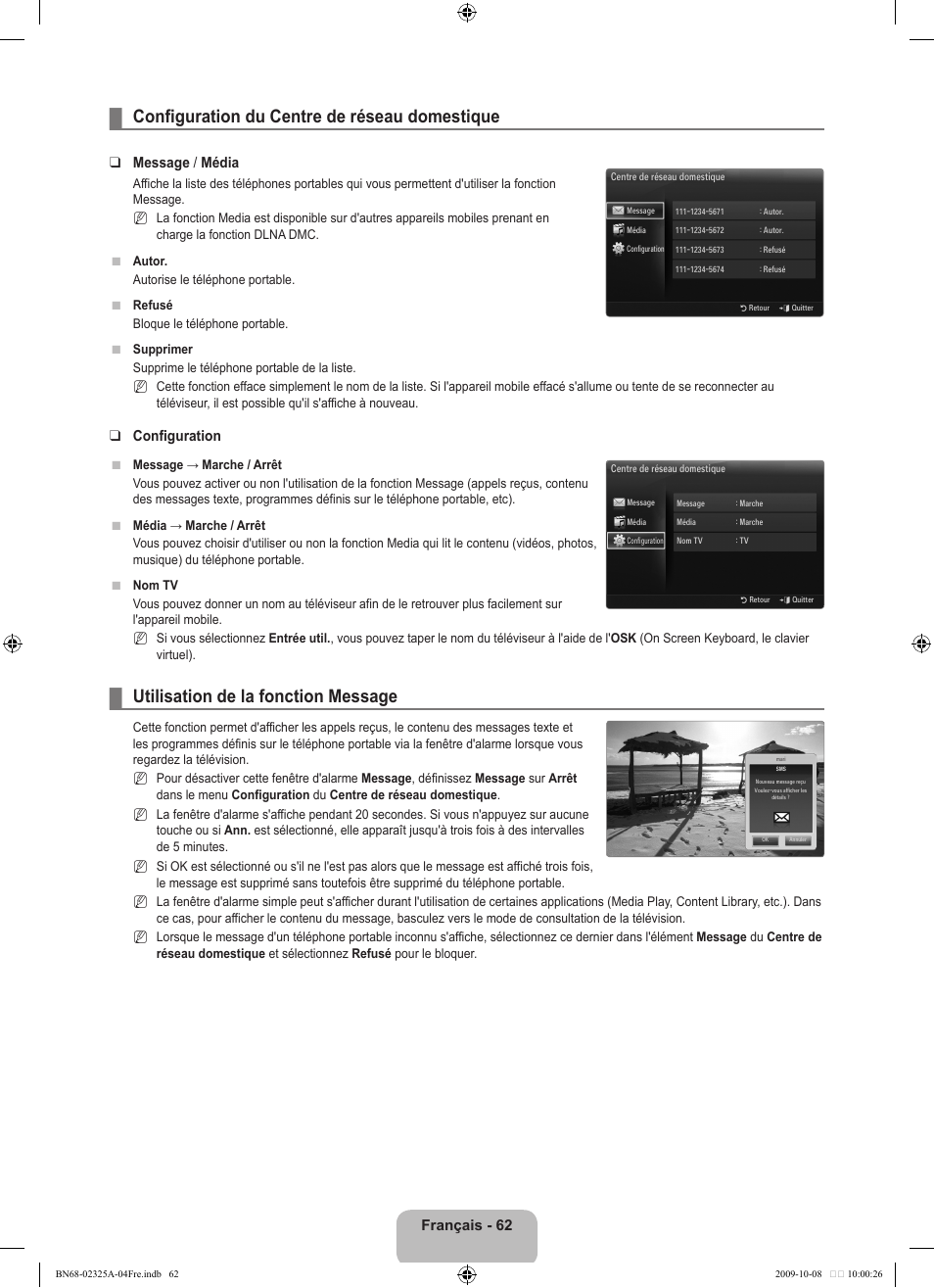 Configuration du centre de réseau domestique, Utilisation de la fonction message, Français - 62 | Message / média, Configuration | Samsung LE40B650T2W User Manual | Page 150 / 674