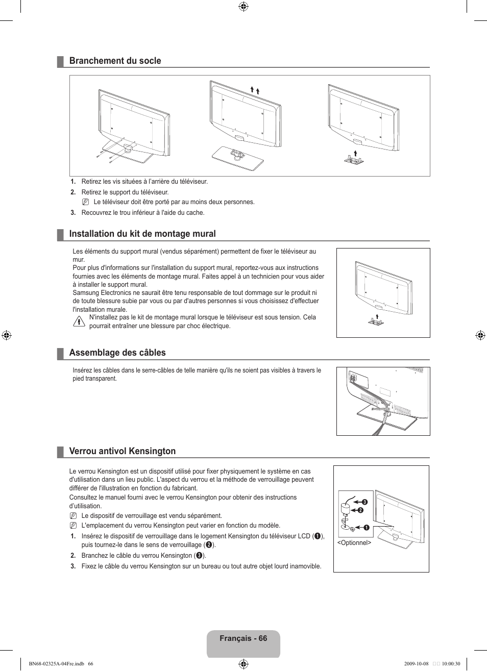 Branchement du socle, Installation du kit de montage mural, Assemblage des câbles | Verrou antivol kensington | Samsung LE40B650T2W User Manual | Page 154 / 674