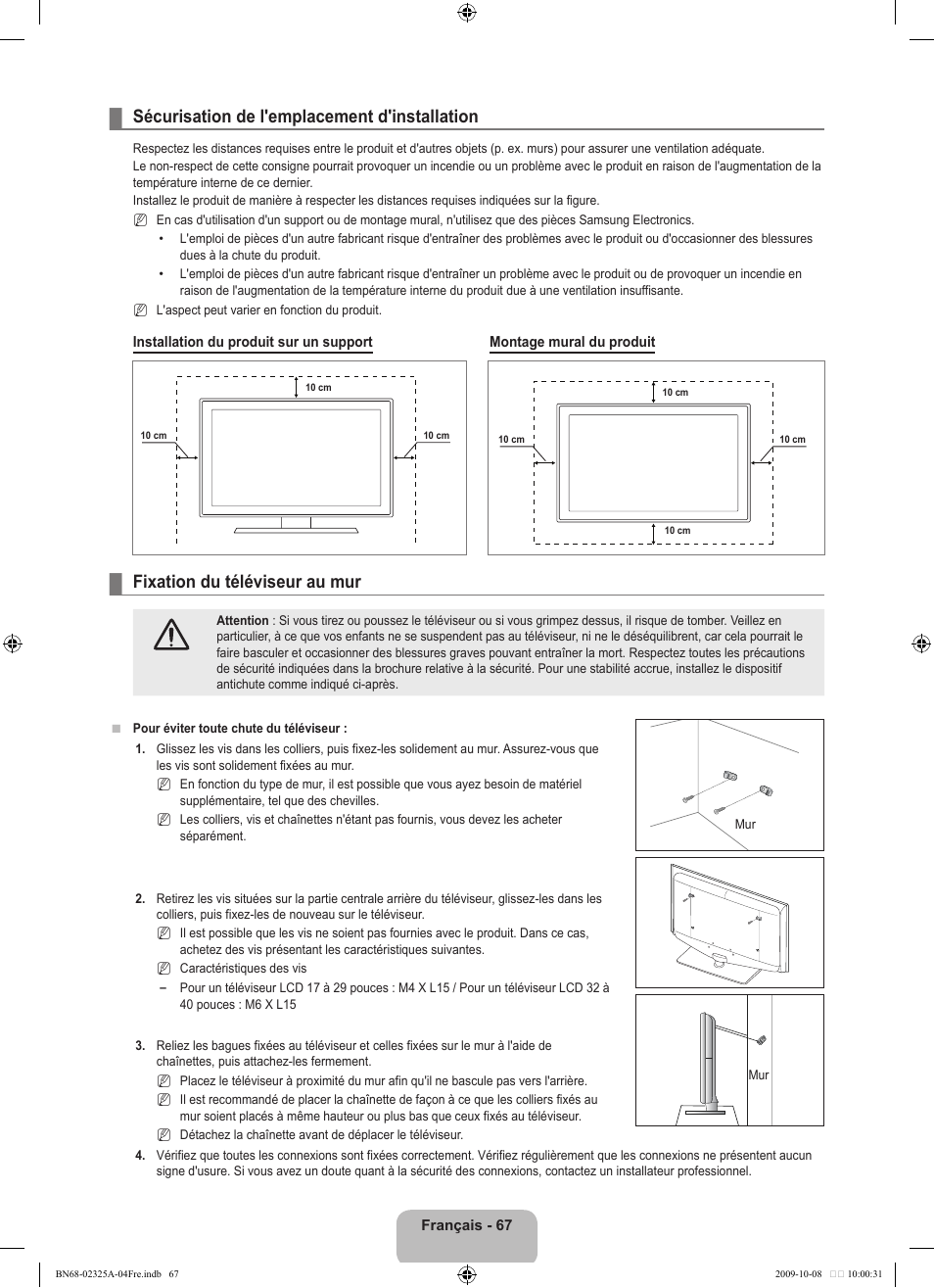 Sécurisation de l'emplacement d'installation, Fixation du téléviseur au mur | Samsung LE40B650T2W User Manual | Page 155 / 674