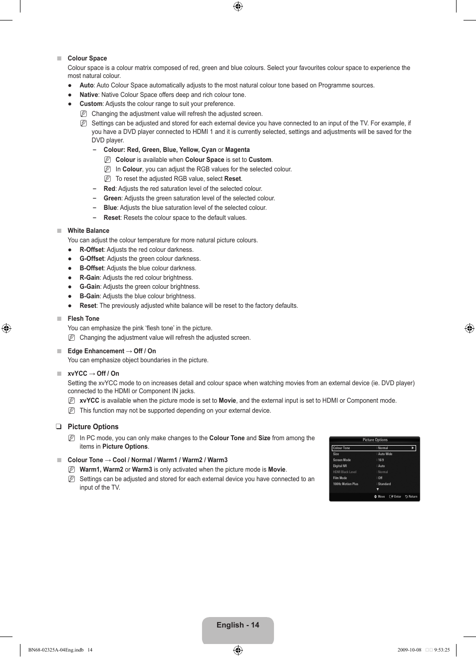 English - 14, Picture options | Samsung LE40B650T2W User Manual | Page 16 / 674