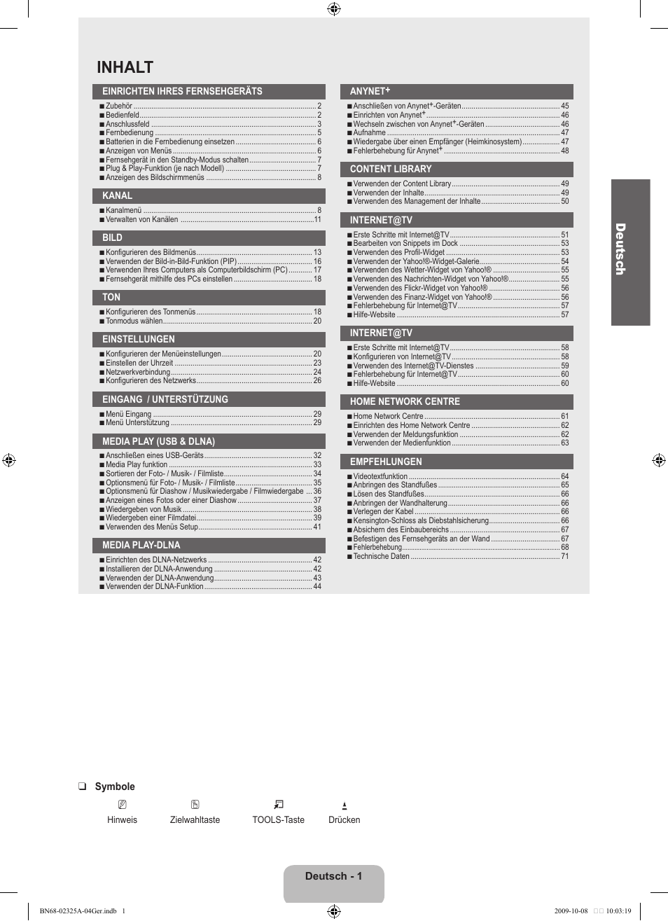 Inhalt, Deutsc h | Samsung LE40B650T2W User Manual | Page 161 / 674