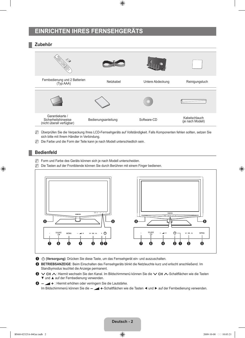 Einrichten ihres fernsehgeräts, Zubehör, Bedienfeld | Samsung LE40B650T2W User Manual | Page 162 / 674