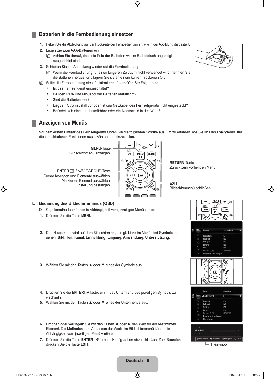 Bedienung, Batterien in die fernbedienung einsetzen, Anzeigen von menüs | Deutsch - 6, Bedienung des bildschirmmenüs (osd) | Samsung LE40B650T2W User Manual | Page 166 / 674