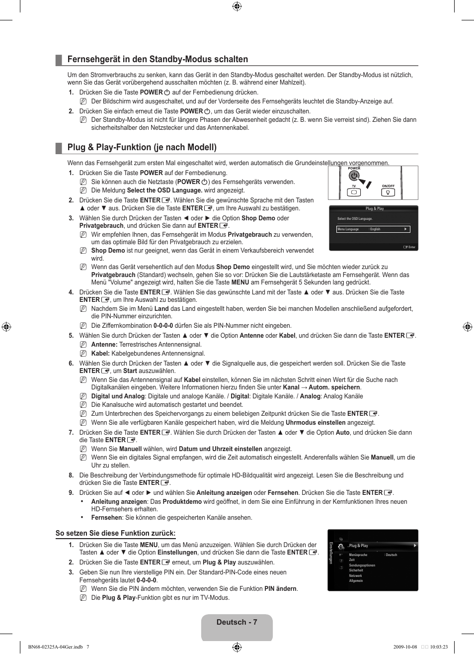 Fernsehgerät in den standby-modus schalten, Plug & play-funktion (je nach modell) | Samsung LE40B650T2W User Manual | Page 167 / 674