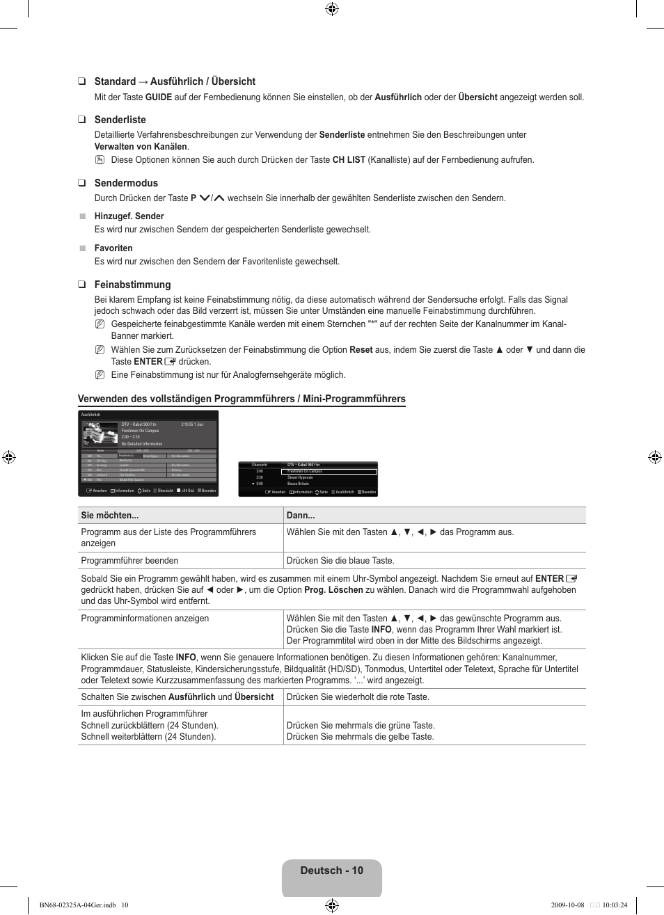 Deutsch - 10 standard → ausführlich / übersicht, Senderliste, Sendermodus | Feinabstimmung | Samsung LE40B650T2W User Manual | Page 170 / 674