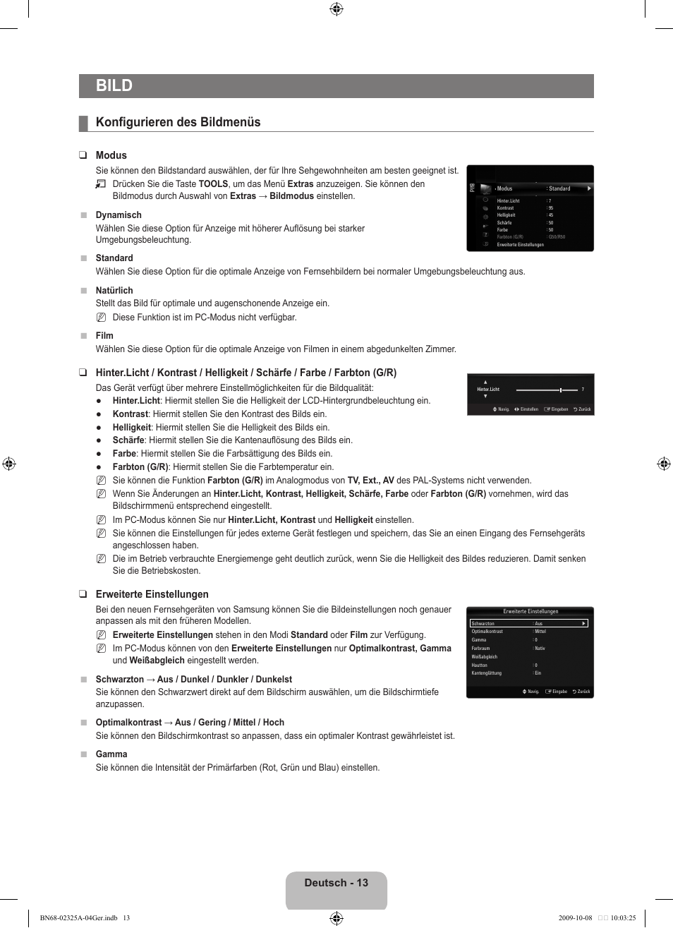 Bild, Konfigurieren des bildmenüs, Deutsch - 13 | Modus, Erweiterte einstellungen | Samsung LE40B650T2W User Manual | Page 173 / 674