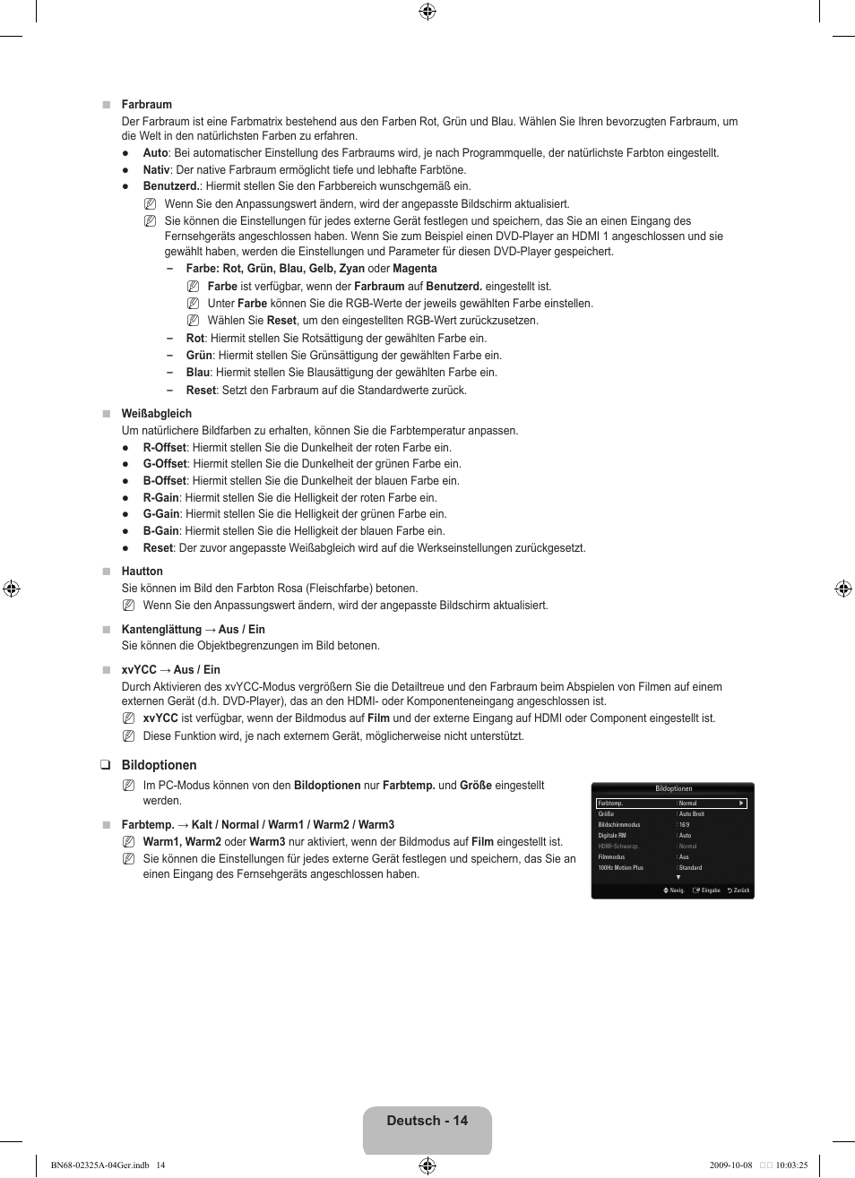 Deutsch - 14, Bildoptionen | Samsung LE40B650T2W User Manual | Page 174 / 674