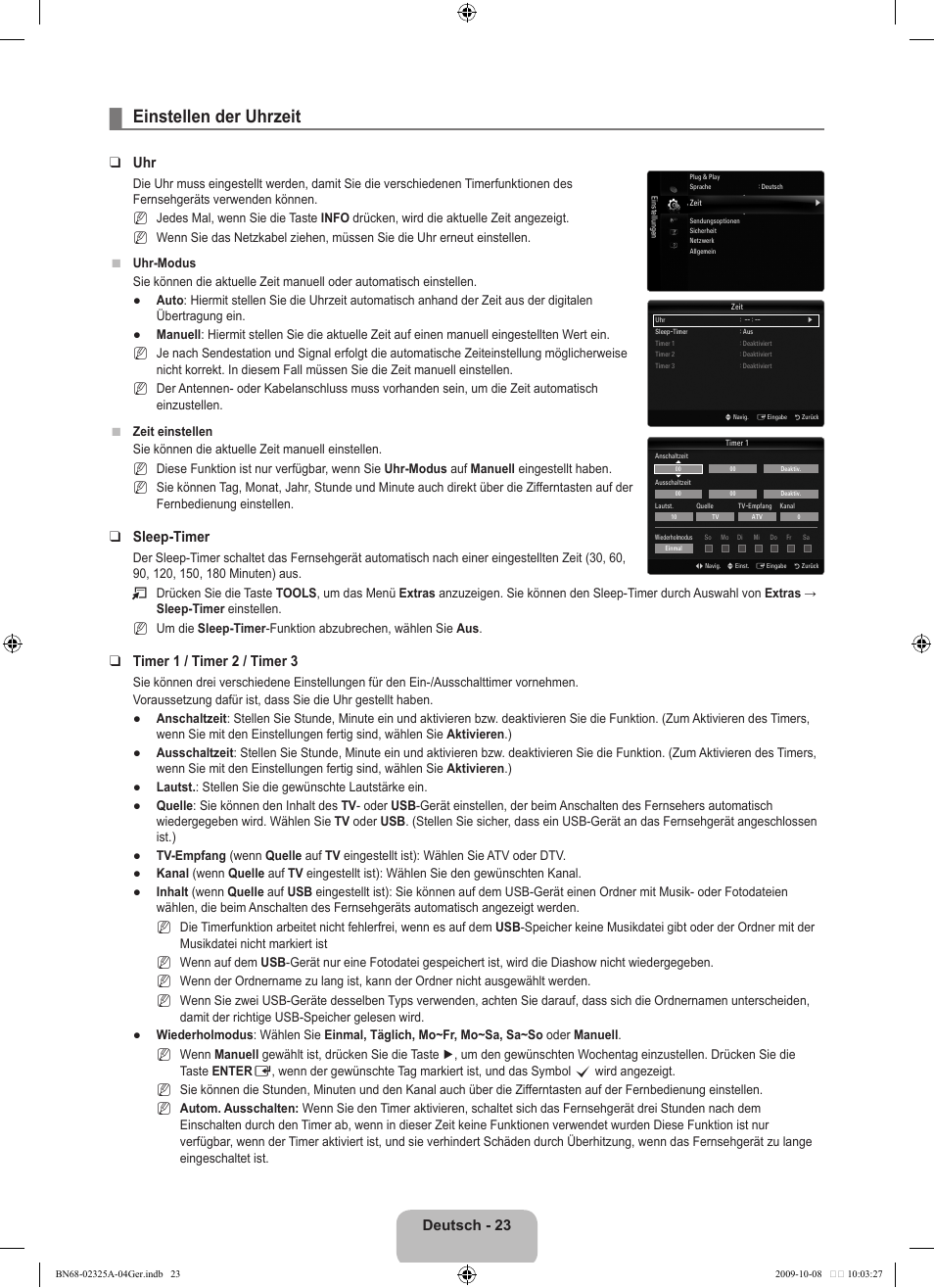 Einstellen der uhrzeit, Deutsch - 23, Sleep-timer | Timer 1 / timer 2 / timer 3 | Samsung LE40B650T2W User Manual | Page 183 / 674