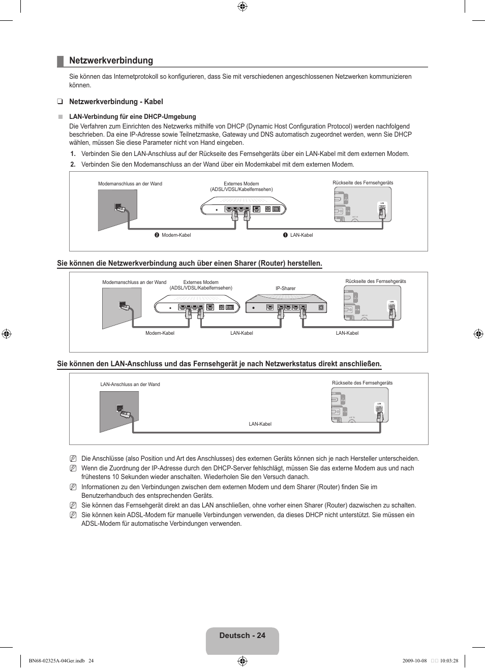 Netzwerkverbindung | Samsung LE40B650T2W User Manual | Page 184 / 674