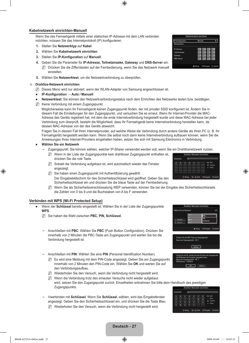 Deutsch - 27 kabelnetzwerk einrichten-manuell, Verbinden mit wps (wi-fi protected setup) | Samsung LE40B650T2W User Manual | Page 187 / 674