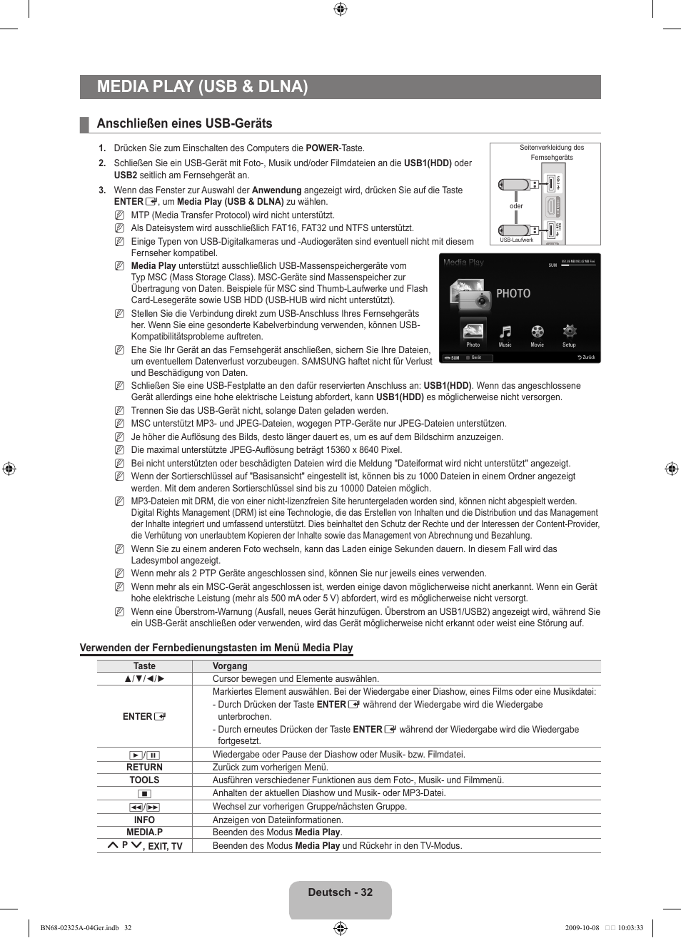Media play (usb & dlna), Anschließen eines usb-geräts, Photo | Samsung LE40B650T2W User Manual | Page 192 / 674