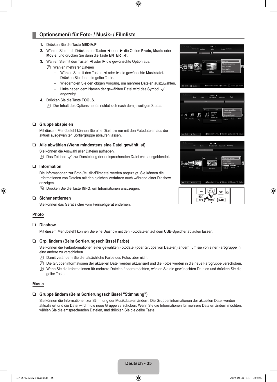 Optionsmenü für foto- / musik- / filmliste, Deutsch - 35, Gruppe abspielen | Information, Sicher entfernen, Photo diashow, Grp. ändern (beim sortierungsschlüssel farbe), N   n, N n n | Samsung LE40B650T2W User Manual | Page 195 / 674