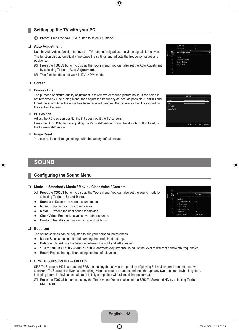 Setting up the tv with your pc, Sound, Configuring the sound menu | English - 18, Auto adjustment, Screen, Equalizer, Srs trusurround hd → off / on | Samsung LE40B650T2W User Manual | Page 20 / 674