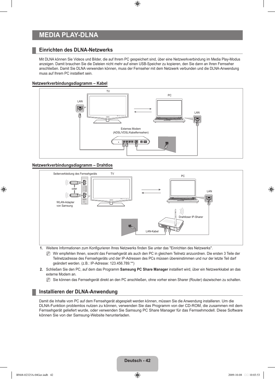 Media play-dlna, Einrichten des dlna-netzwerks, Installieren der dlna-anwendung | Samsung LE40B650T2W User Manual | Page 202 / 674