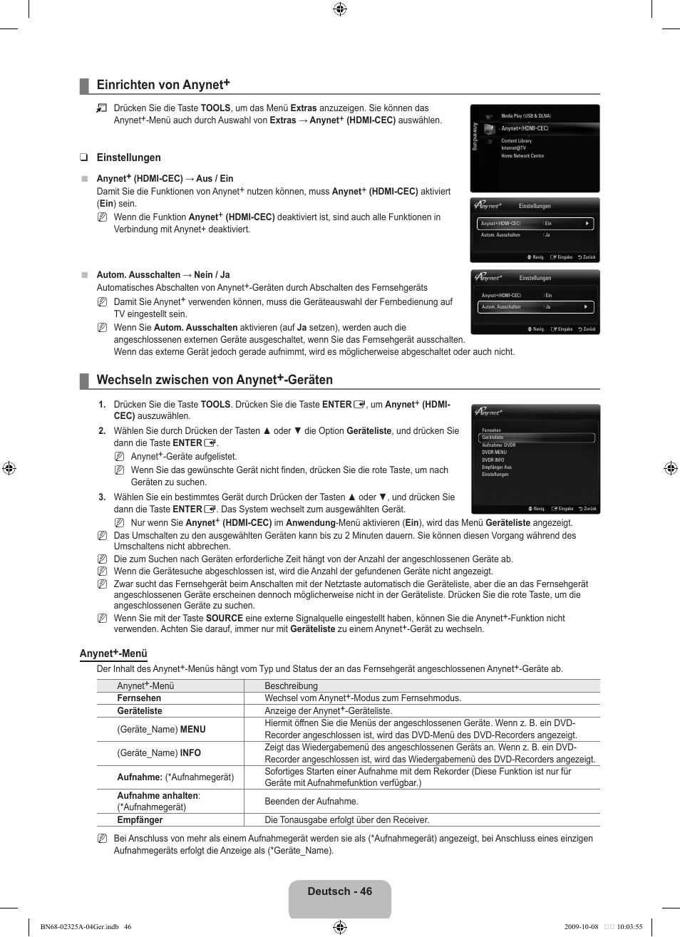 Einrichten von anynet, Wechseln zwischen von anynet+-geräten | Samsung LE40B650T2W User Manual | Page 206 / 674