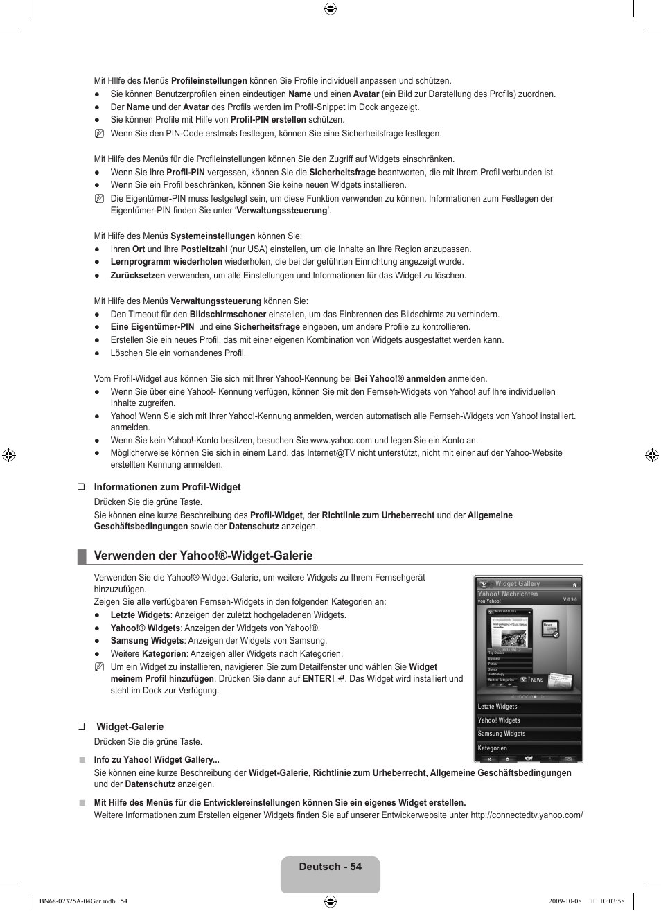 Verwenden der yahoo!®-widget-galerie | Samsung LE40B650T2W User Manual | Page 214 / 674