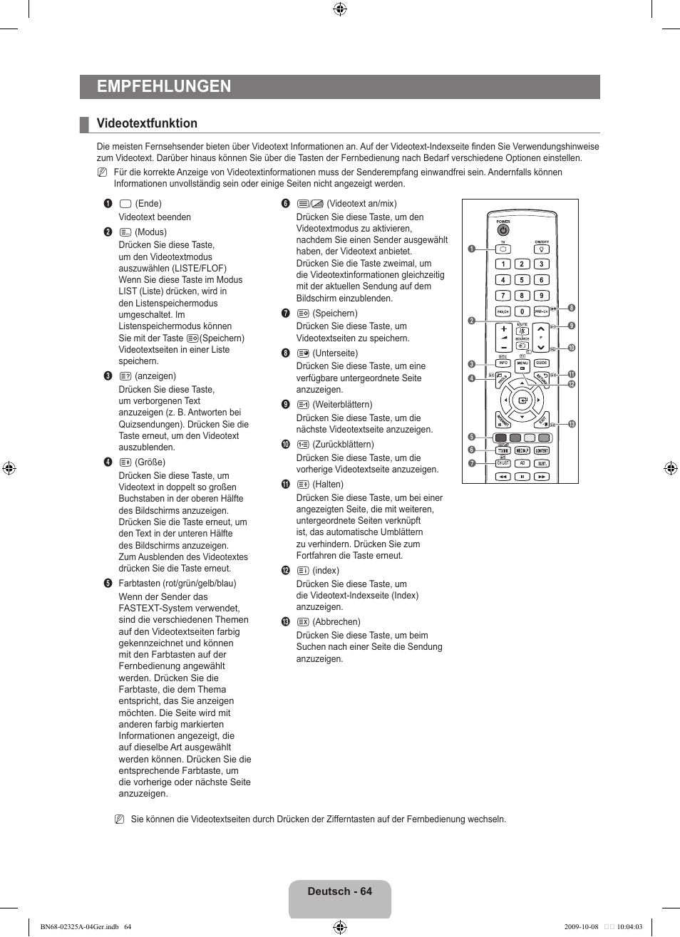 Empfehlungen, Videotextfunktion | Samsung LE40B650T2W User Manual | Page 224 / 674