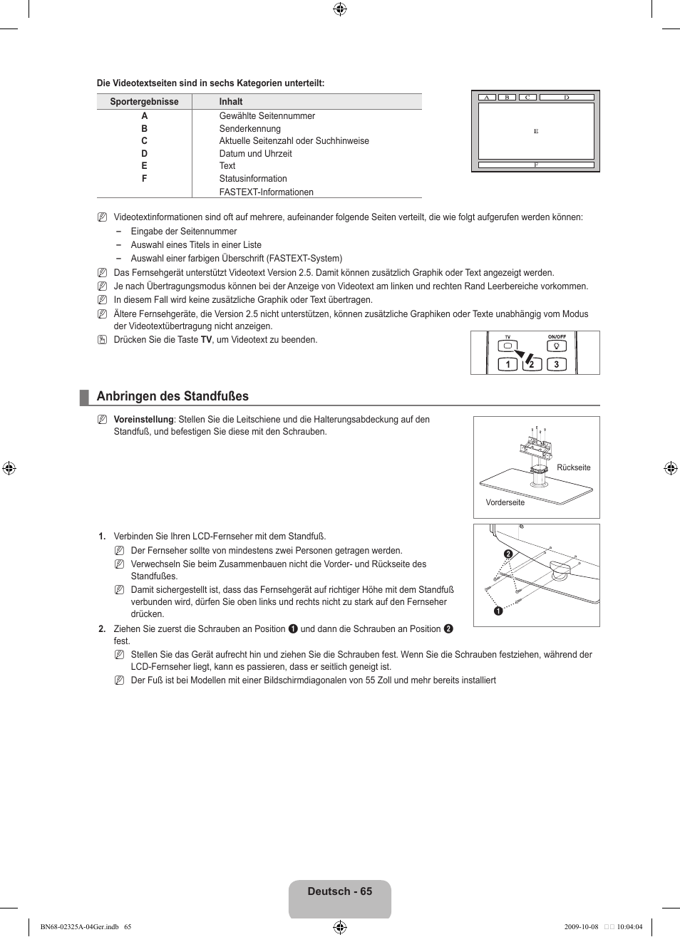 Anbringen des standfußes | Samsung LE40B650T2W User Manual | Page 225 / 674