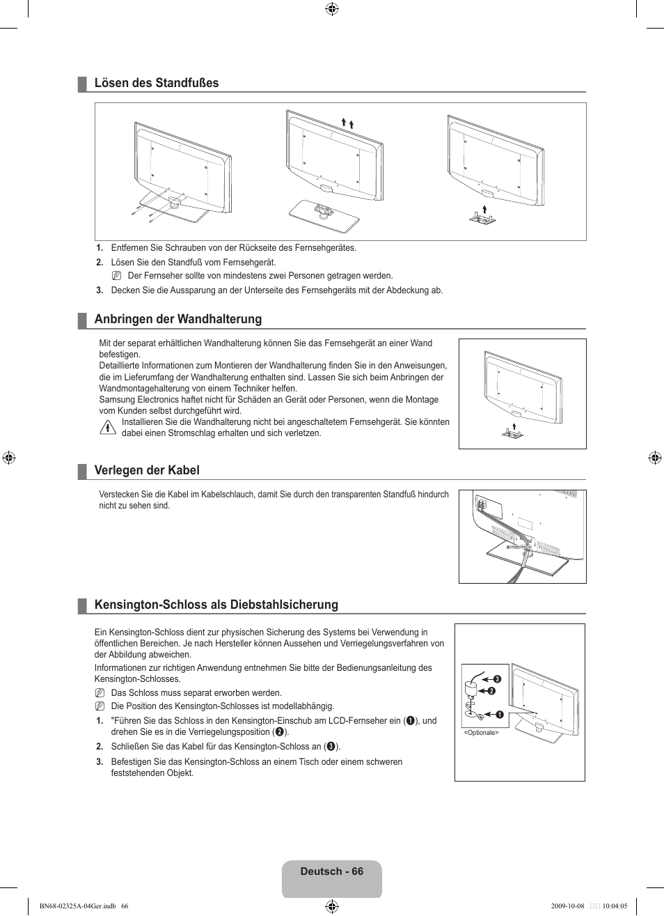 Lösen des standfußes, Anbringen der wandhalterung, Verlegen der kabel | Kensington-schloss als diebstahlsicherung | Samsung LE40B650T2W User Manual | Page 226 / 674