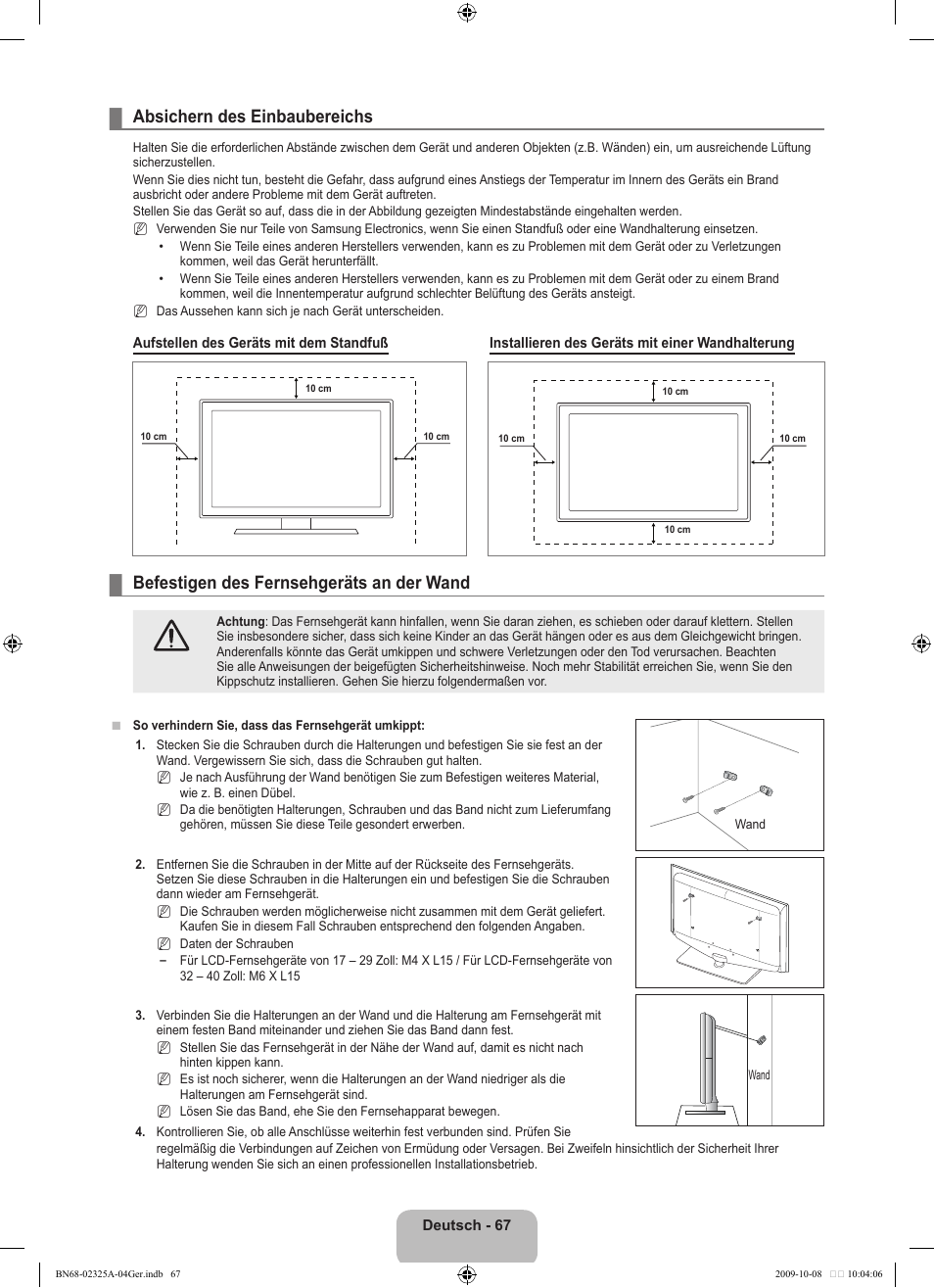 Absichern des einbaubereichs, Befestigen des fernsehgeräts an der wand | Samsung LE40B650T2W User Manual | Page 227 / 674