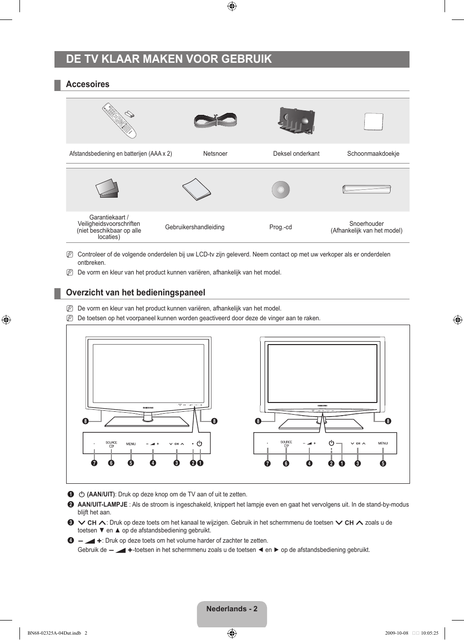 De tv klaar maken voor gebruik, Accesoires, Overzicht van het bedieningspaneel | Samsung LE40B650T2W User Manual | Page 234 / 674