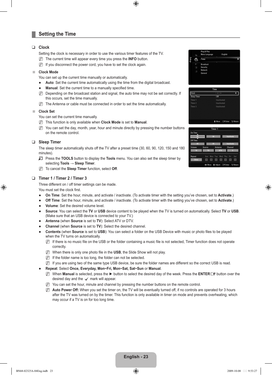 Setting the time, English - 23, Clock | Sleep timer, Timer 1 / timer 2 / timer 3 | Samsung LE40B650T2W User Manual | Page 25 / 674