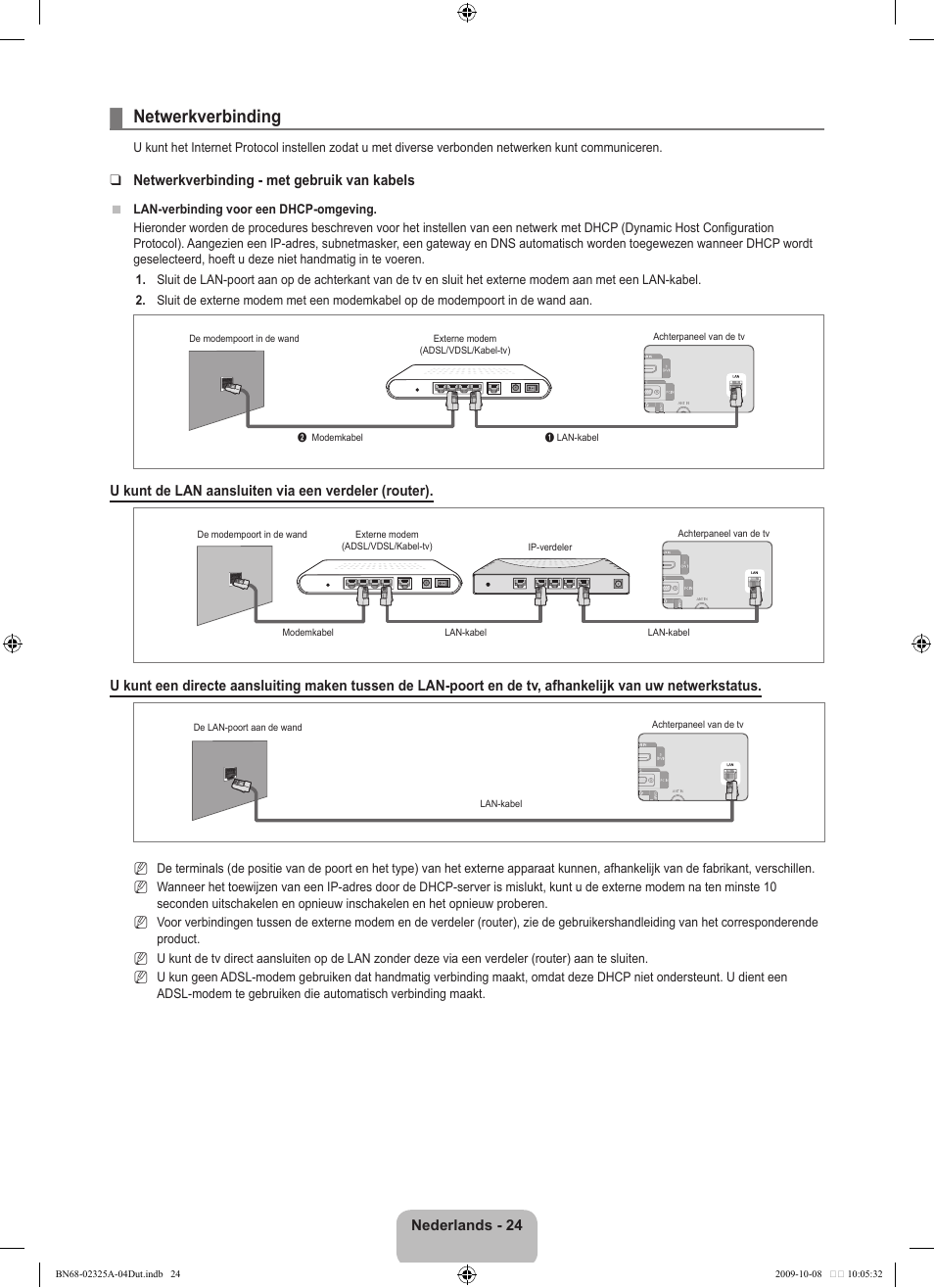 Netwerkverbinding | Samsung LE40B650T2W User Manual | Page 256 / 674