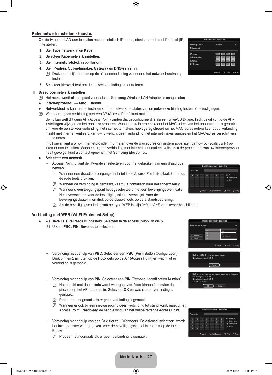 Nederlands - 27 kabelnetwerk instellen - handm, Verbinding met wps (wi-fi protected setup) | Samsung LE40B650T2W User Manual | Page 259 / 674