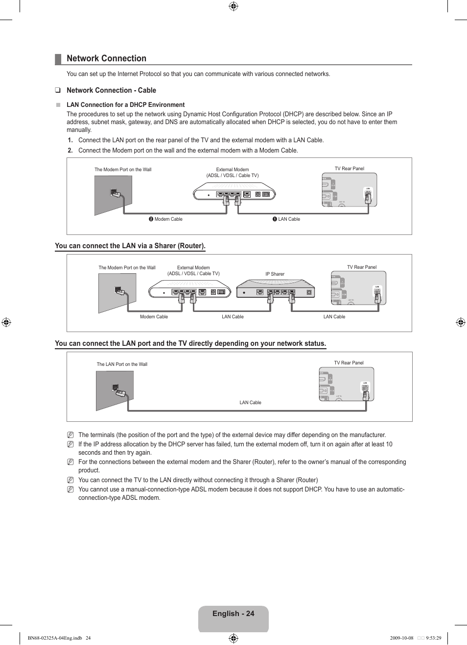 Network connection | Samsung LE40B650T2W User Manual | Page 26 / 674