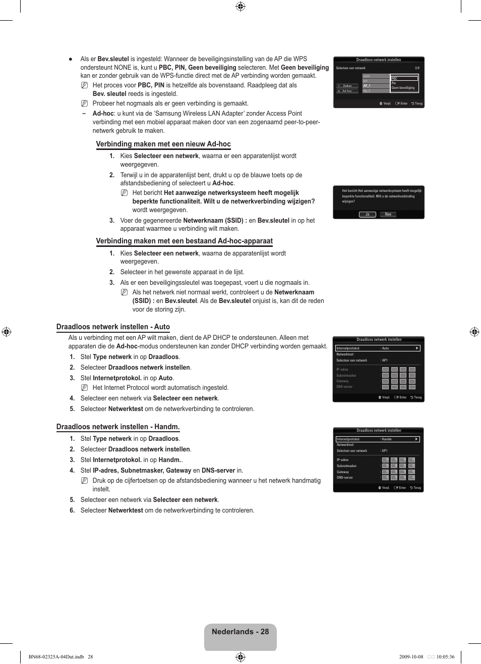 Nederlands - 28, Verbinding maken met een nieuw ad-hoc, Verbinding maken met een bestaand ad-hoc-apparaat | Draadloos netwerk instellen - auto, Draadloos netwerk instellen - handm | Samsung LE40B650T2W User Manual | Page 260 / 674