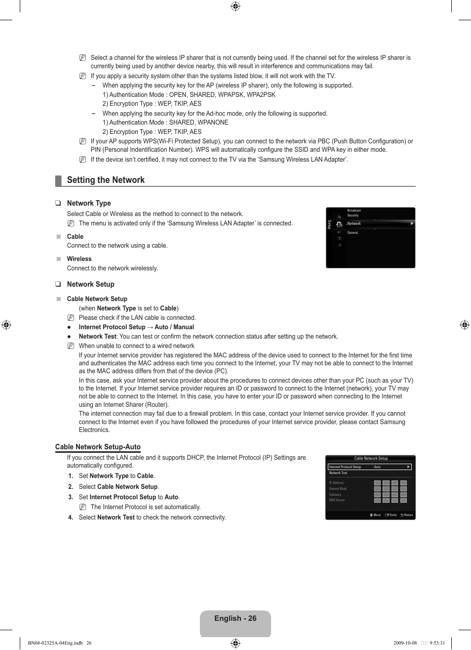 Setting the network, English - 26, Network type | Network setup, Cable network setup-auto | Samsung LE40B650T2W User Manual | Page 28 / 674