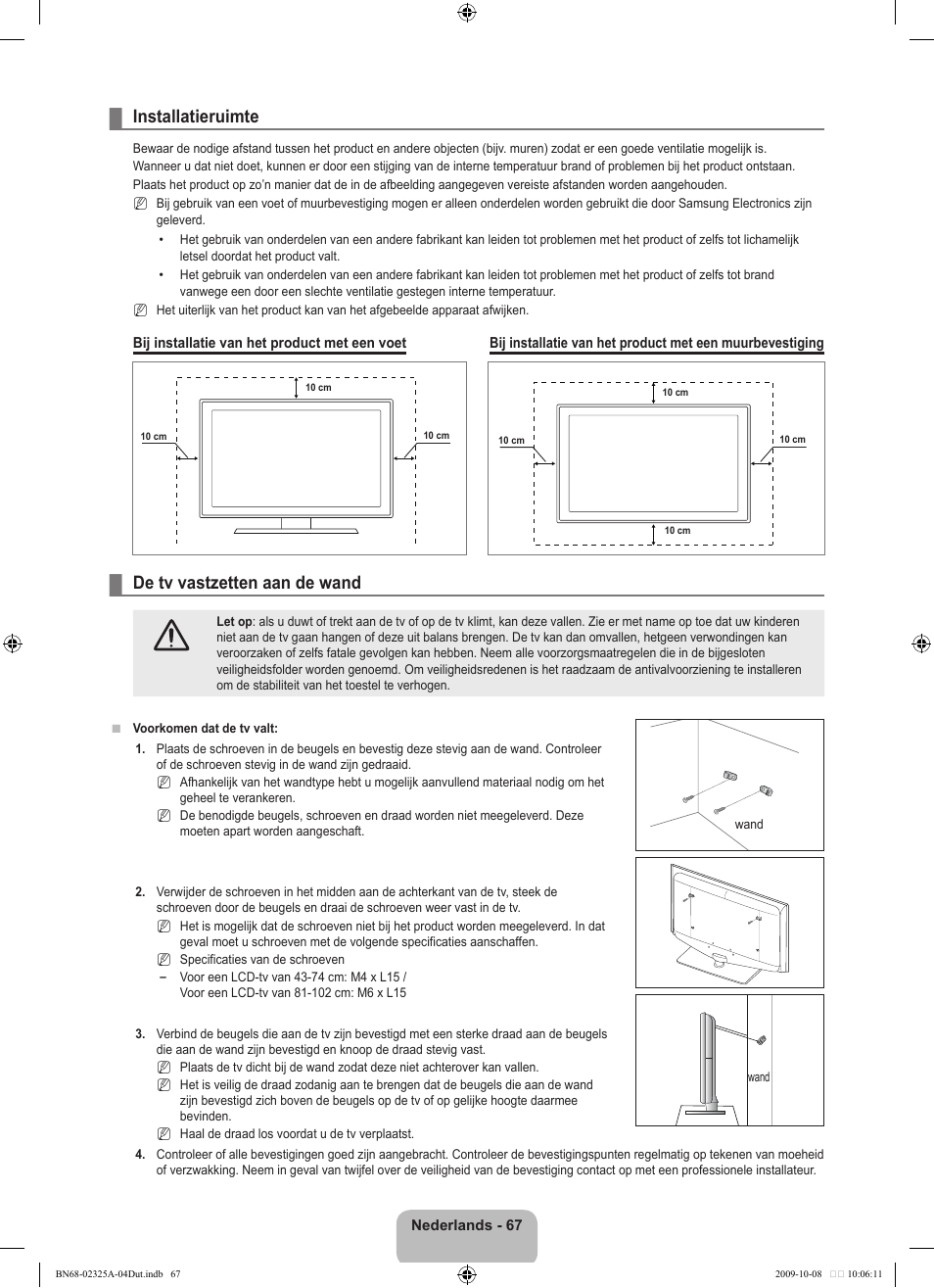 Installatieruimte, De tv vastzetten aan de wand | Samsung LE40B650T2W User Manual | Page 299 / 674