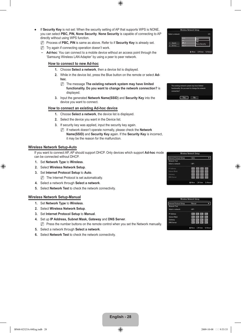 English - 28, How to connect to new ad-hoc, How to connect an existing ad-hoc device | Wireless network setup-auto, Wireless network setup-manual | Samsung LE40B650T2W User Manual | Page 30 / 674