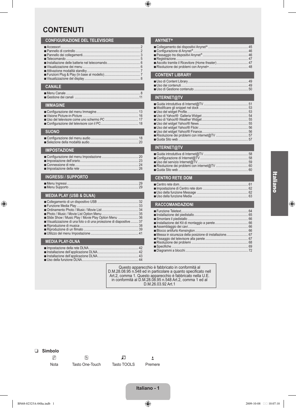 Contenuti, Italiano | Samsung LE40B650T2W User Manual | Page 305 / 674