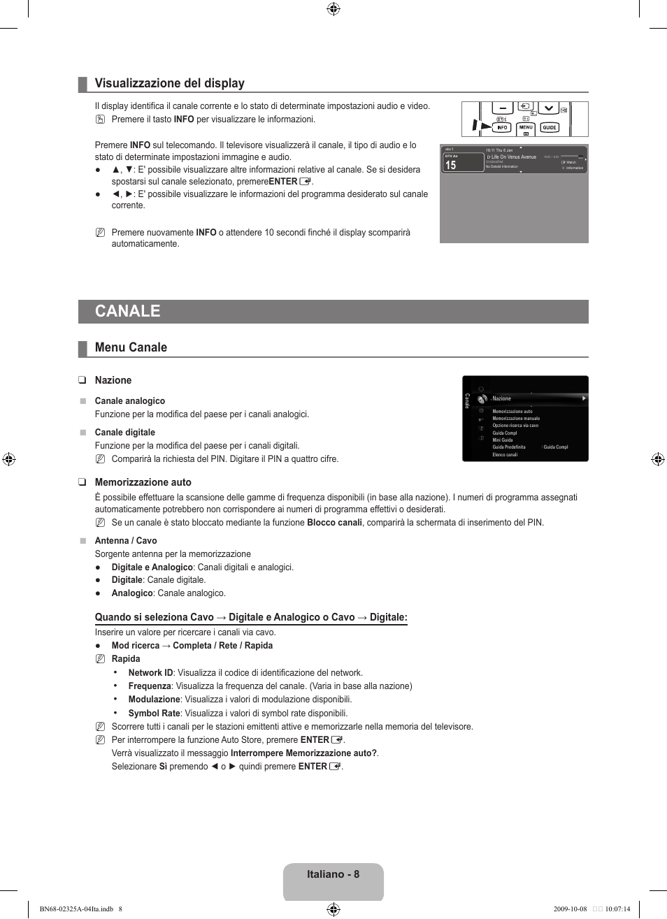 Canale, Visualizzazione del display, Menu canale | Samsung LE40B650T2W User Manual | Page 312 / 674