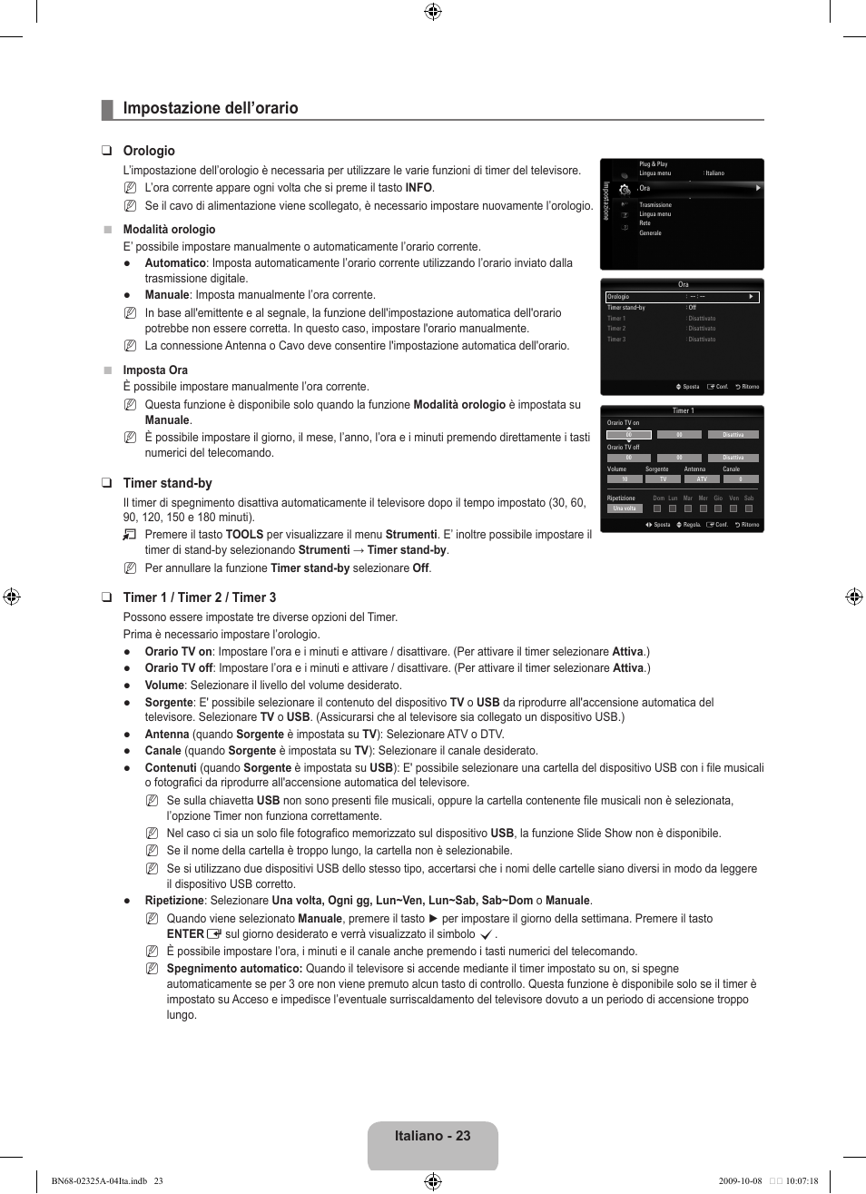 Impostazione dell’orario, Italiano - 23, Orologio | Timer stand-by, Timer 1 / timer 2 / timer 3 | Samsung LE40B650T2W User Manual | Page 327 / 674