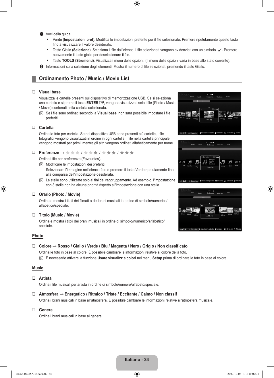 Ordinamento photo / music / movie list, Italiano - 34, Visual base | Cartella, Preferenze → fff / ff f / f ff / fff, Orario (photo / movie), Titolo (music / movie), Music artista, Genere | Samsung LE40B650T2W User Manual | Page 338 / 674