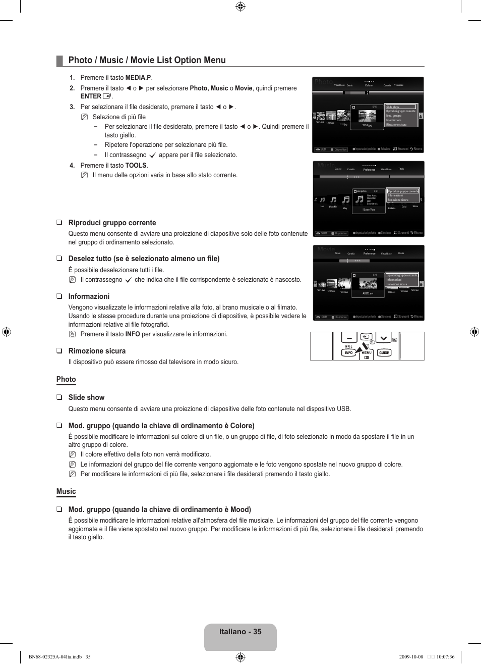 Photo / music / movie list option menu, Italiano - 35, Riproduci gruppo corrente | Deselez tutto (se è selezionato almeno un file), Informazioni, Rimozione sicura, Photo slide show, N   n, N n n | Samsung LE40B650T2W User Manual | Page 339 / 674