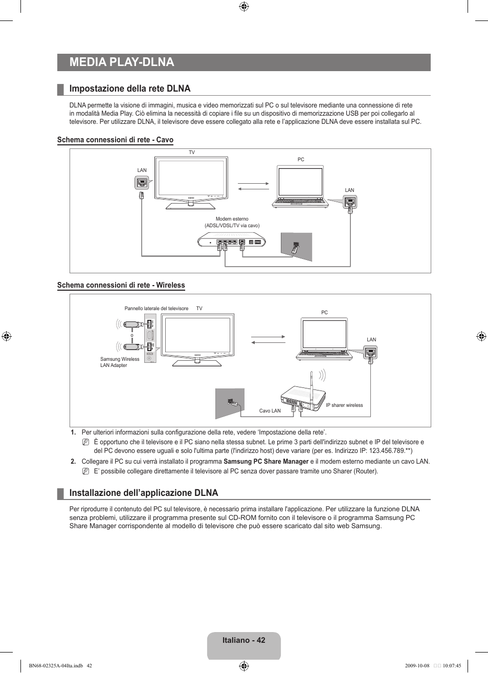 Media play-dlna, Impostazione della rete dlna, Installazione dell’applicazione dlna | Samsung LE40B650T2W User Manual | Page 346 / 674