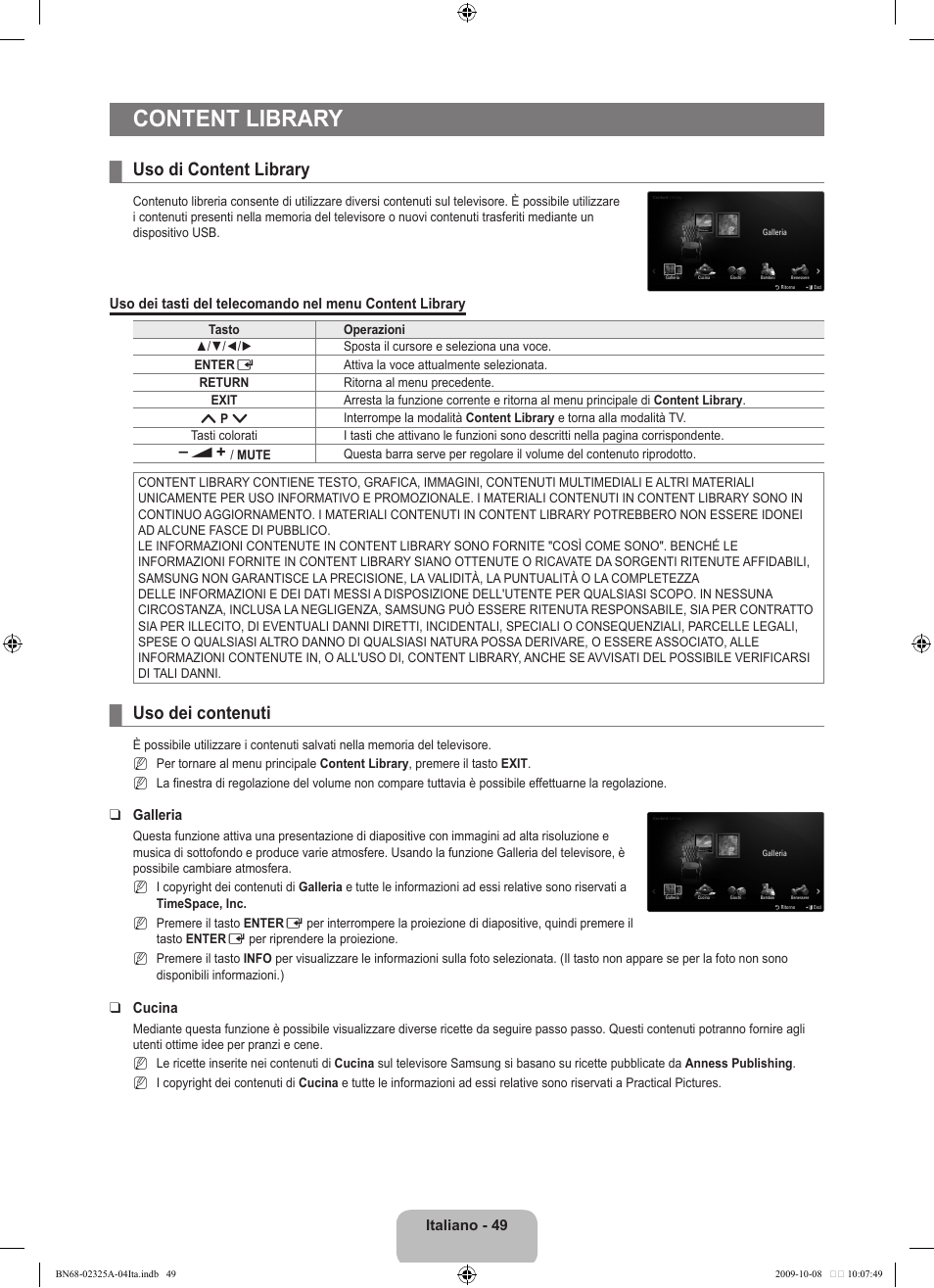Content library, Uso di content library, Uso dei contenuti | Samsung LE40B650T2W User Manual | Page 353 / 674