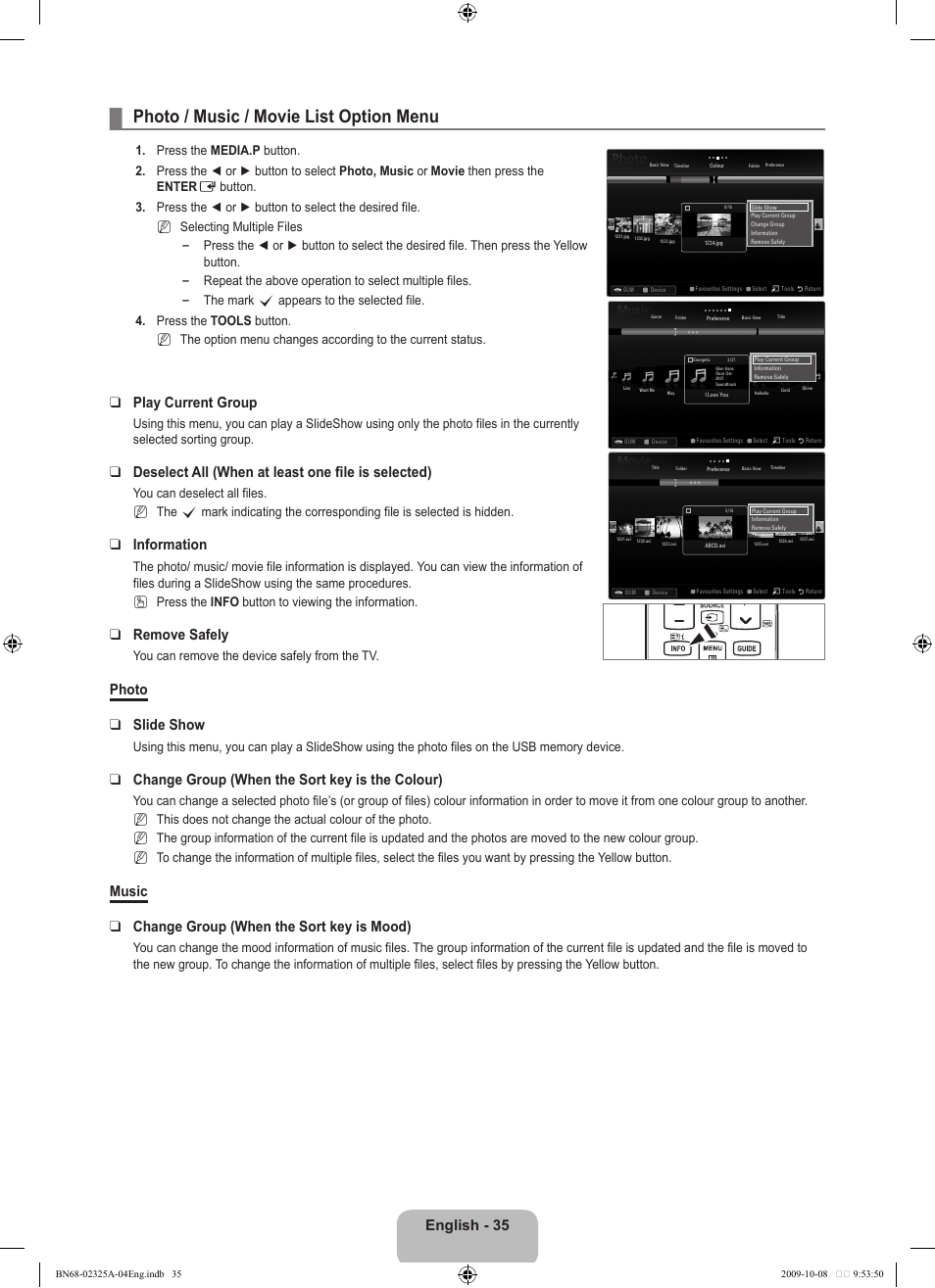 Photo / music / movie list option menu, English - 35, Play current group | Deselect all (when at least one file is selected), Information, Remove safely, Photo slide show, Change group (when the sort key is the colour), Music change group (when the sort key is mood), You can remove the device safely from the tv | Samsung LE40B650T2W User Manual | Page 37 / 674