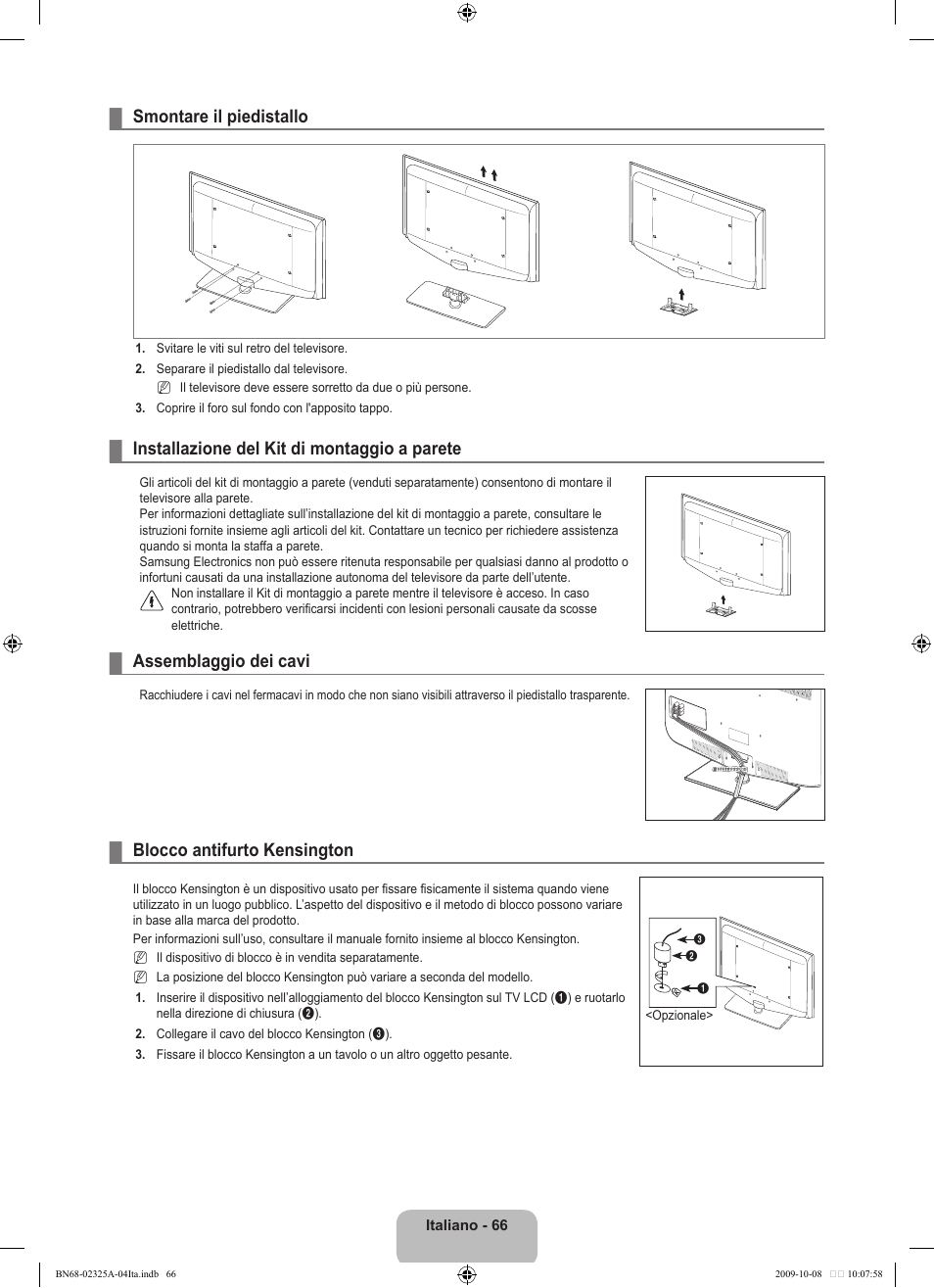 Smontare il piedistallo, Installazione del kit di montaggio a parete, Assemblaggio dei cavi | Blocco antifurto kensington | Samsung LE40B650T2W User Manual | Page 370 / 674
