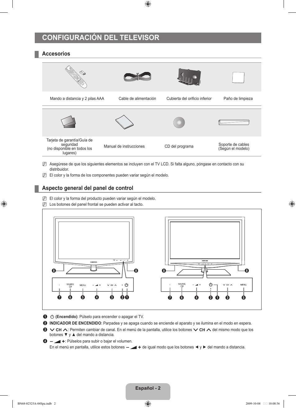 Configuración del televisor, Accesorios, Aspecto general del panel de control | Samsung LE40B650T2W User Manual | Page 380 / 674