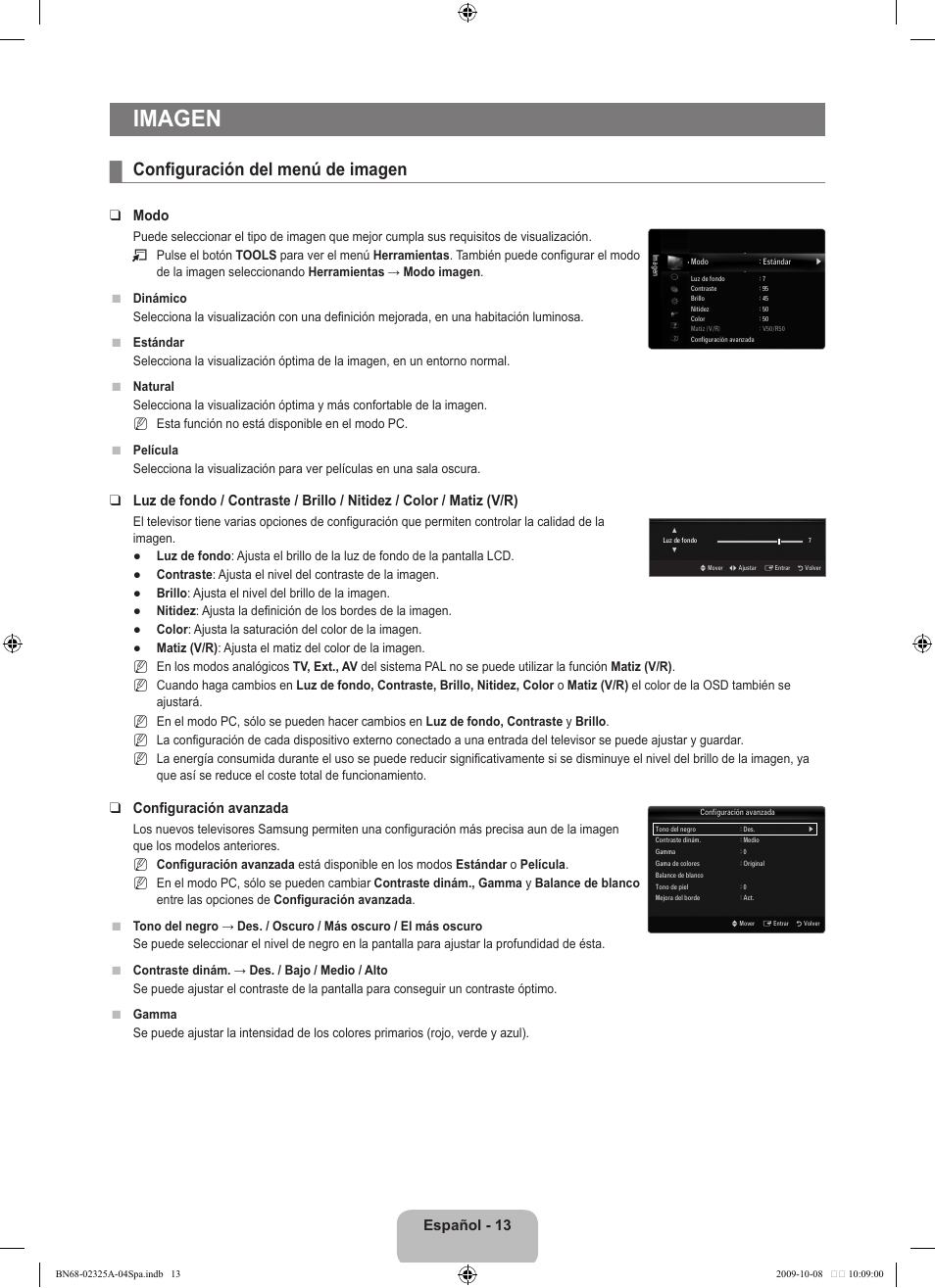 Imagen, Configuración del menú de imagen, Español - 13 | Modo, Configuración avanzada | Samsung LE40B650T2W User Manual | Page 391 / 674