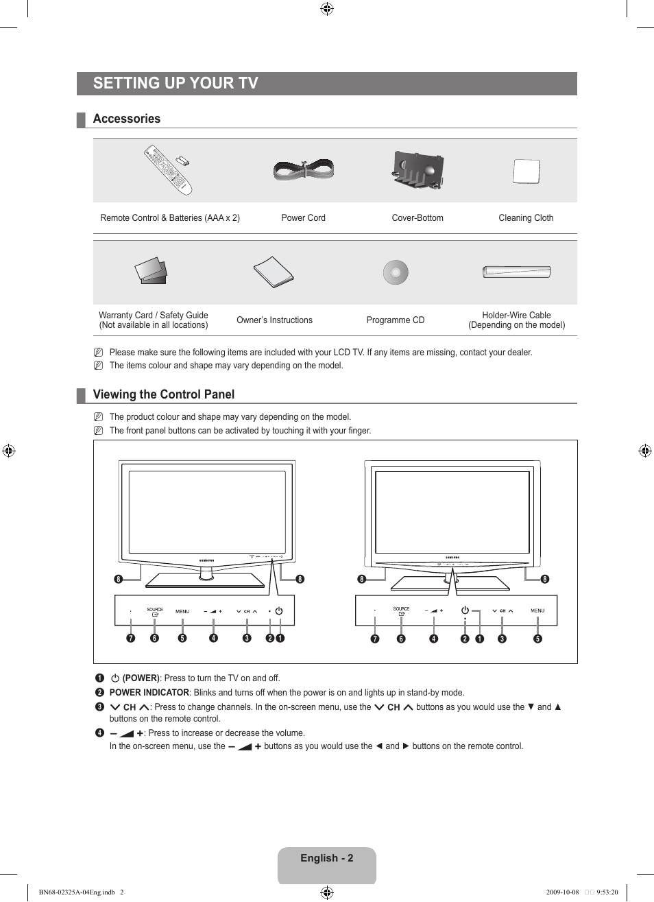 Seting up your tv, Accessories, Viewing the control panel | Setting up your tv | Samsung LE40B650T2W User Manual | Page 4 / 674